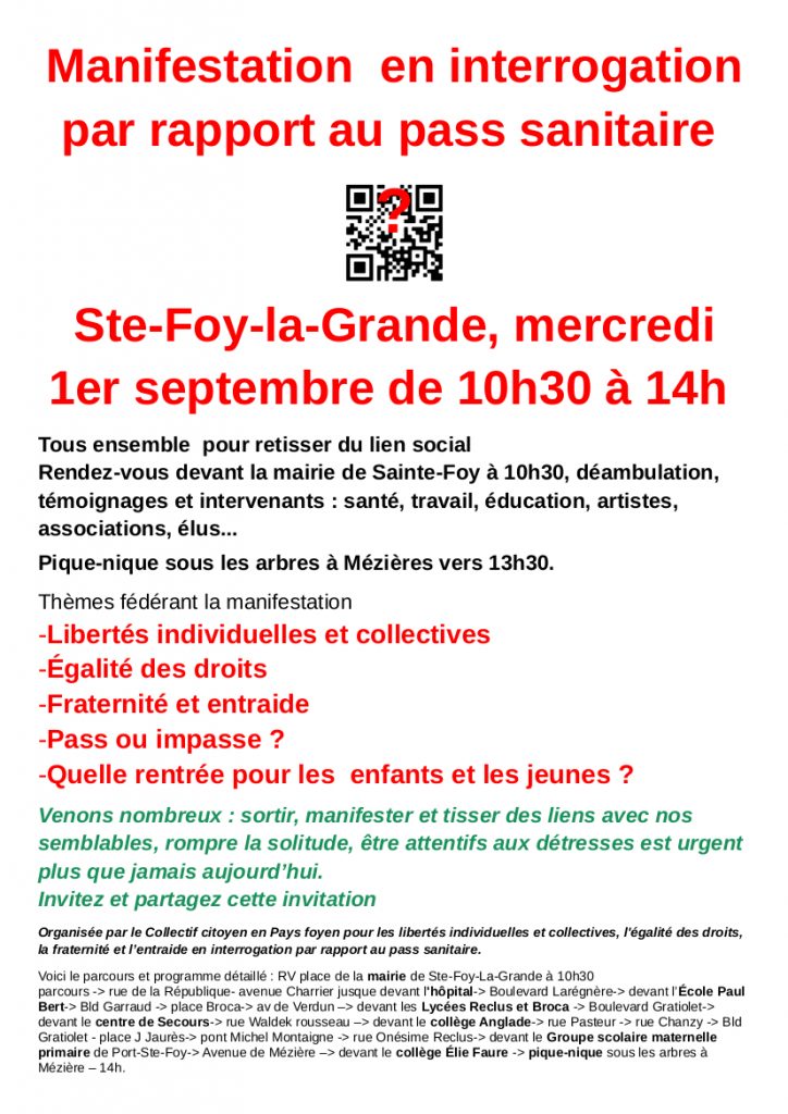 Lire la suite à propos de l’article Manifestation citoyenne pour les enfants et contre le pass – Ste foy La Grande mercredi 1er septembre